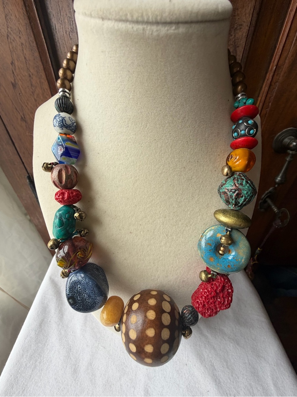 Treska Multicolor Beaded Statement Necklace Wood & Ceramic Accents Millefiori